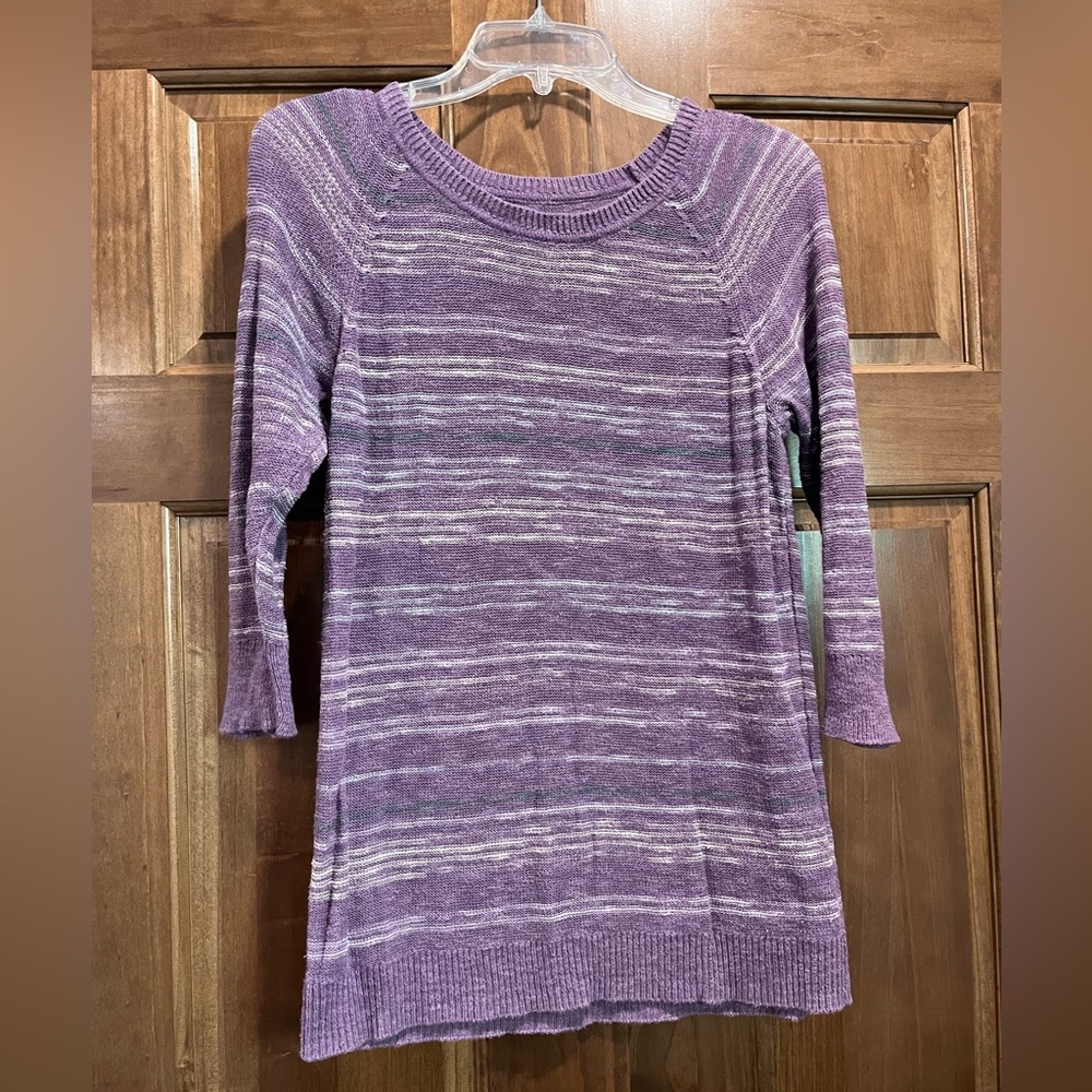 Sonoma Purple Striped Three Quarter Sleeve Round Neck Sweater, Petite Medium